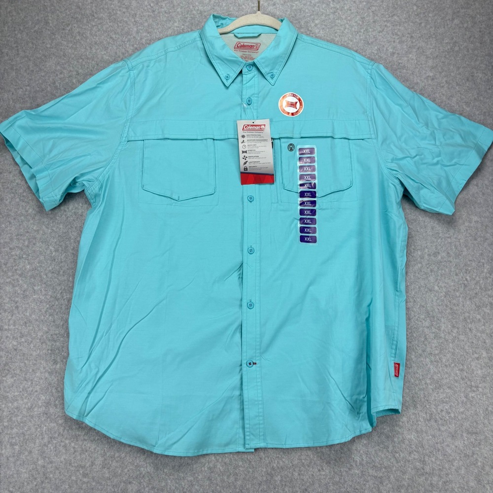 Coleman Button Front Shirt Mens XXL Blue Outdoor Stretch Hiking Fishing UPF 30